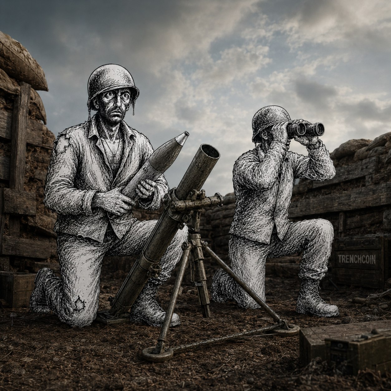 Trenchcoin soldiers operating a mortar in a trench